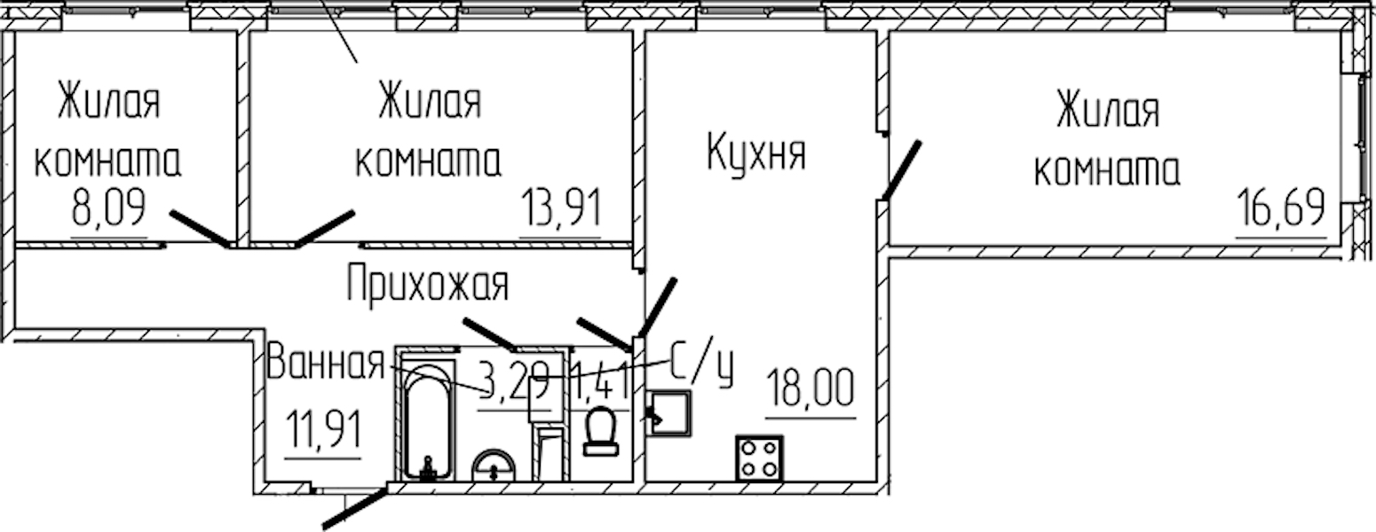 3-комнатная квартира 73.3 м², 2/8 эт., ЖК «SERTOLOVO PARK»